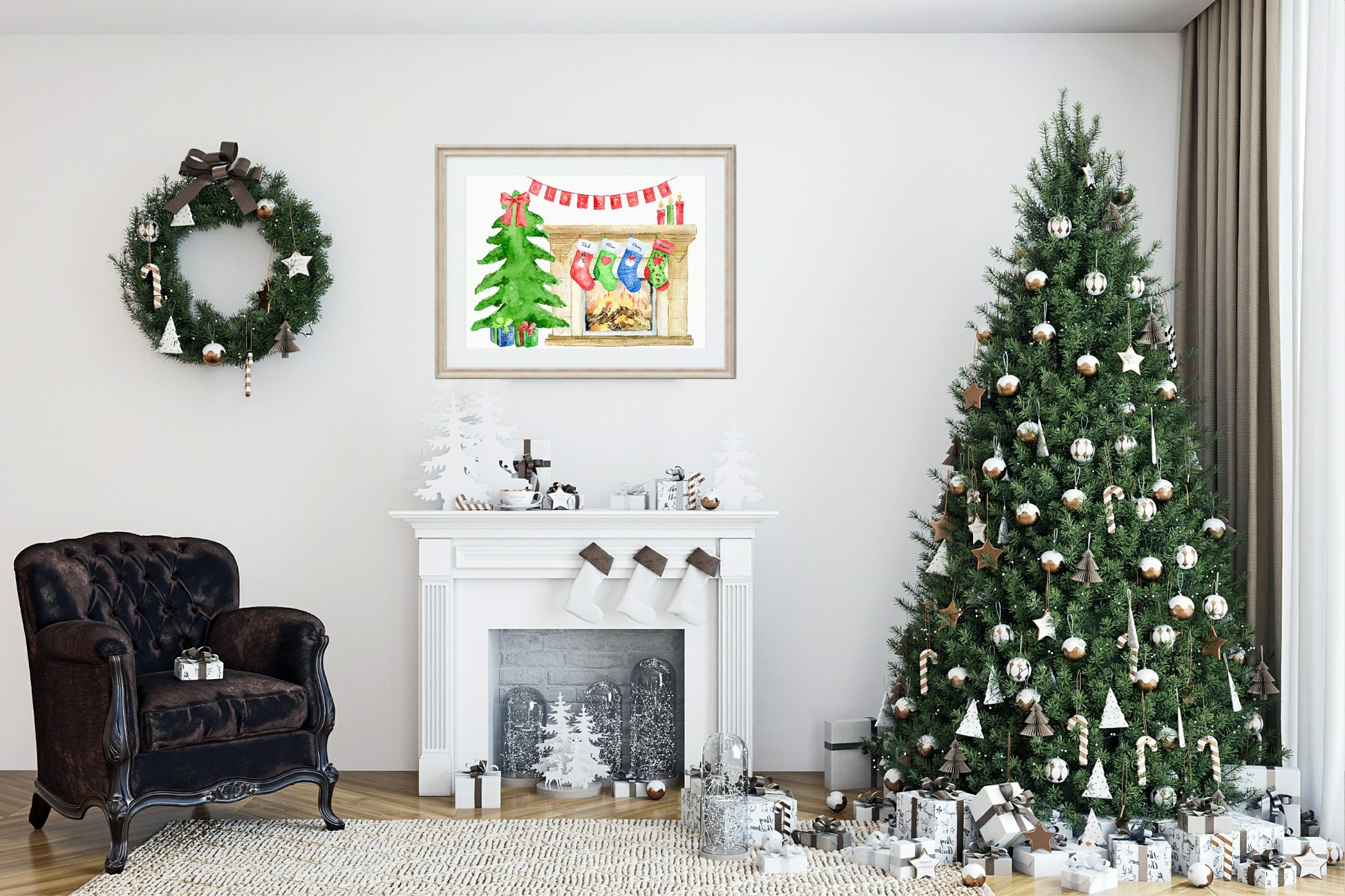 Personalised Family Christmas Stockings Print | Fireplace | Christmas Wall Art