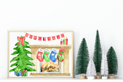 Personalised Family Christmas Stockings Print | Fireplace | Christmas Wall Art