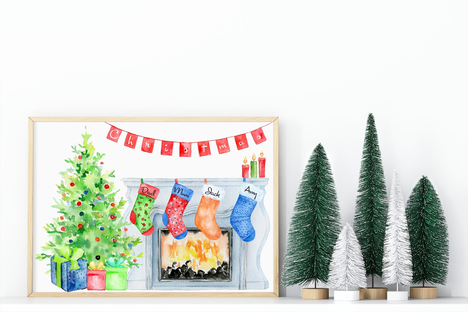 Personalised Family Christmas Stockings Print | Fireplace | Christmas Wall Art