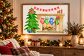 A framed Christmas-themed art print hangs on a wall above a decorated holiday mantel. The print shows a green Christmas tree, a fireplace with four colorful stockings, candles, and a red banner reading 'Merry Christmas.