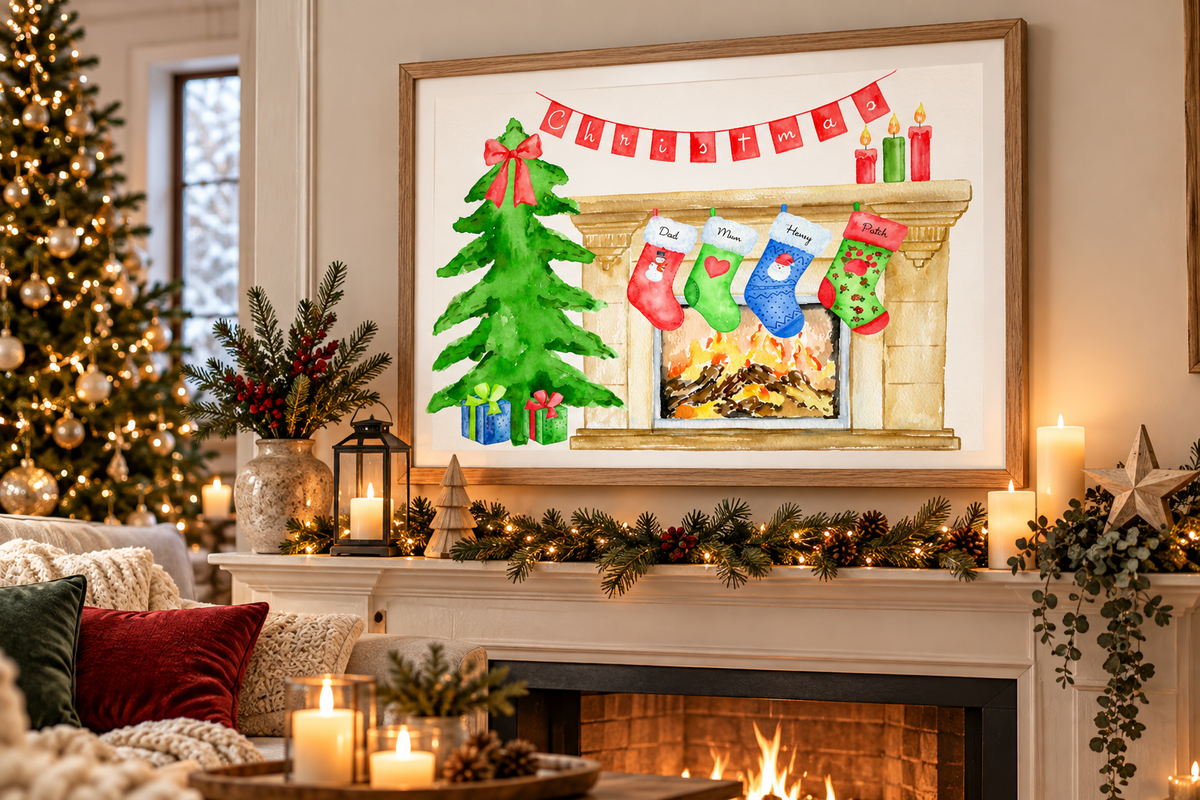 A framed Christmas art print hangs on a wall above a decorated fireplace mantel in a cozy living room. The artwork shows a green Christmas tree, a fireplace with four colorful stockings, candles, and a red banner.