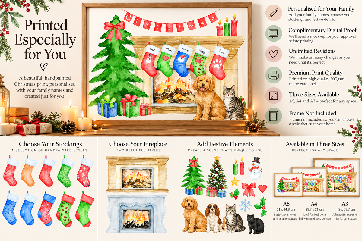 Personalised Family Christmas Stockings Print | Custom Christmas Wall Art