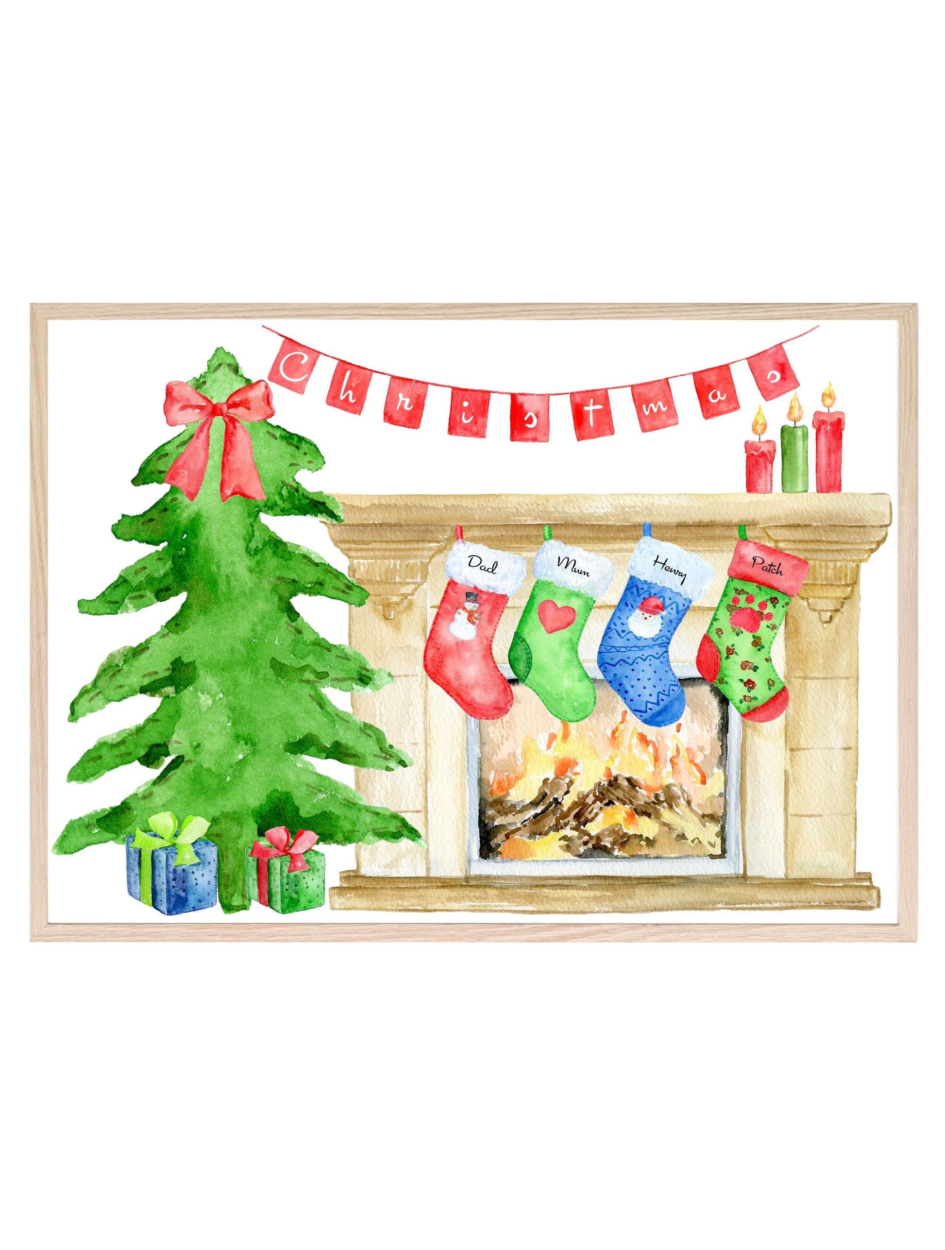 Personalised Family Christmas Stockings Print | Fireplace | Christmas Wall Art