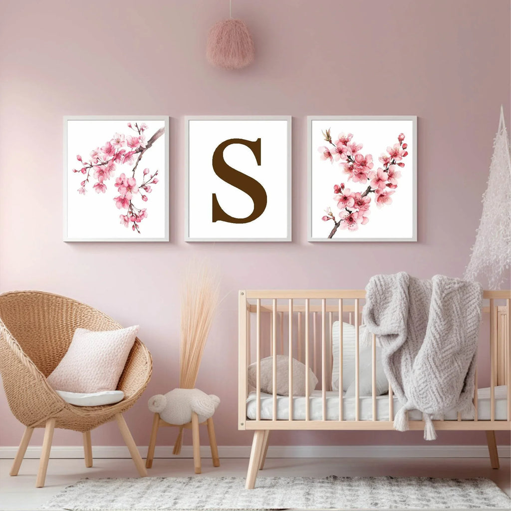 Set Of 3 Initial Cherry Blossom Prints | Personalised Wall Art - Larosier Prints