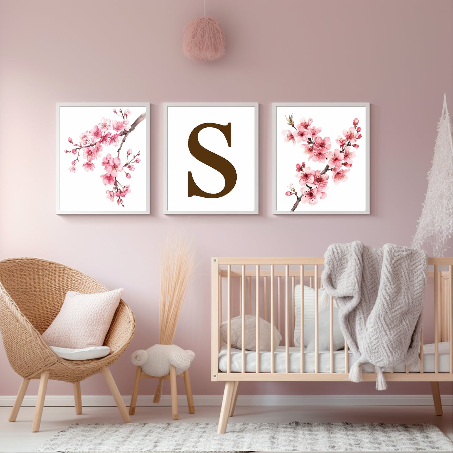 Set Of 3 Initial Cherry Blossom Prints | Personalised Wall Art