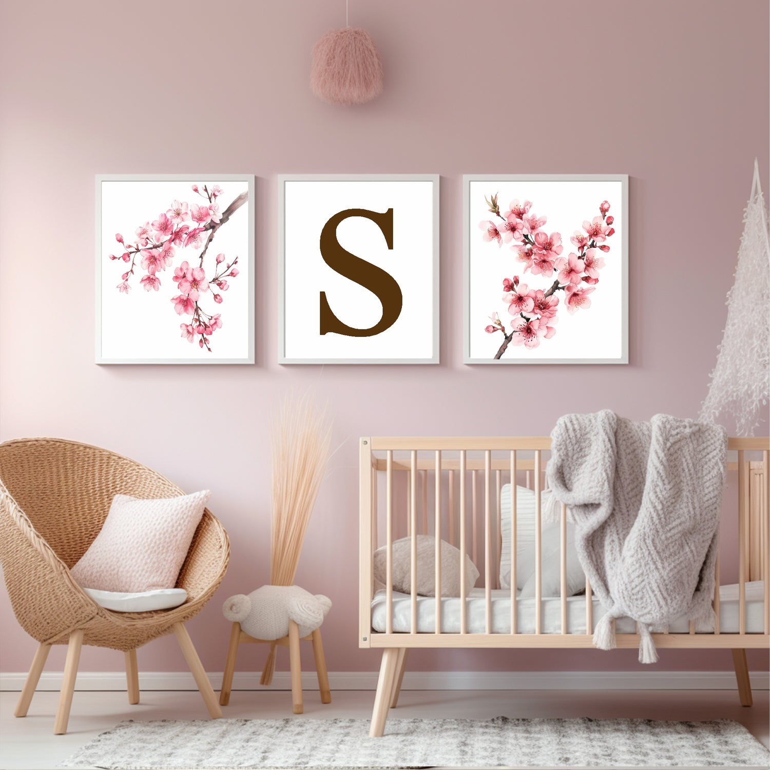 Set Of 3 Initial Cherry Blossom Prints | Personalised Wall Art