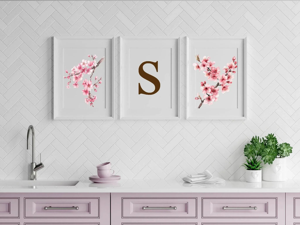 Set Of 3 Initial Cherry Blossom Prints | Personalised Wall Art - Larosier Prints