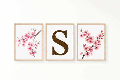 Set Of 3 Initial Cherry Blossom Prints | Personalised Wall Art