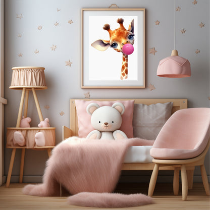 Giraffe Blowing Bubble Gum Print | Kids Wall Art