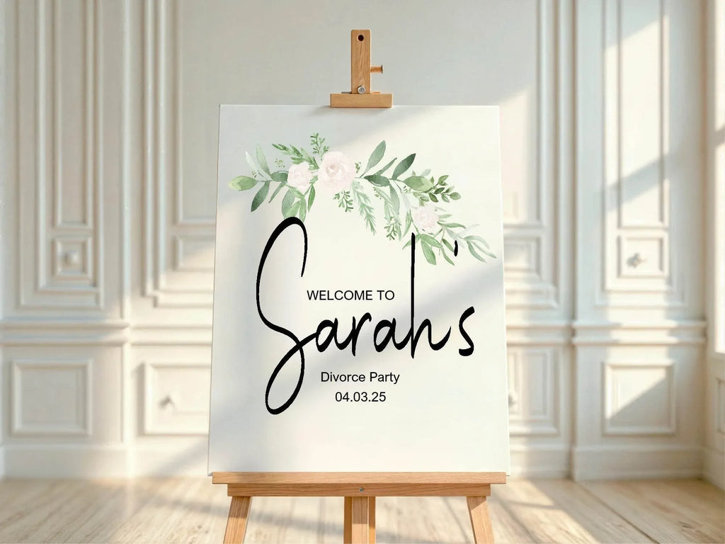 Green & White Rose Welcome Divorce Party Sign - Larosier Prints