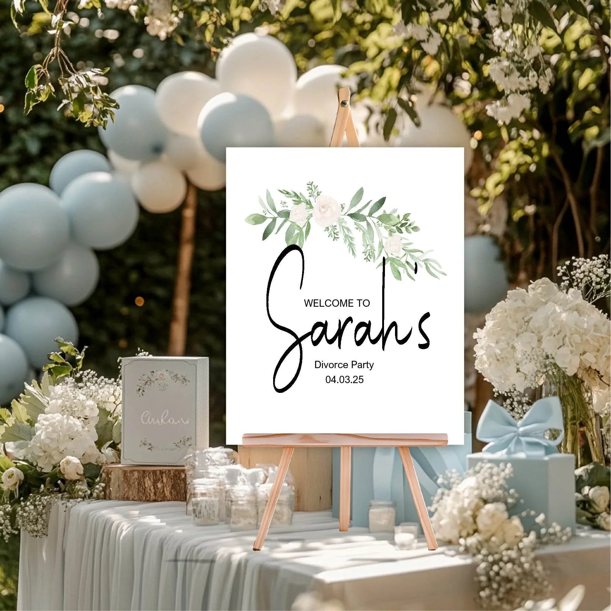 Green & White Rose Welcome Divorce Party Sign - Larosier Prints
