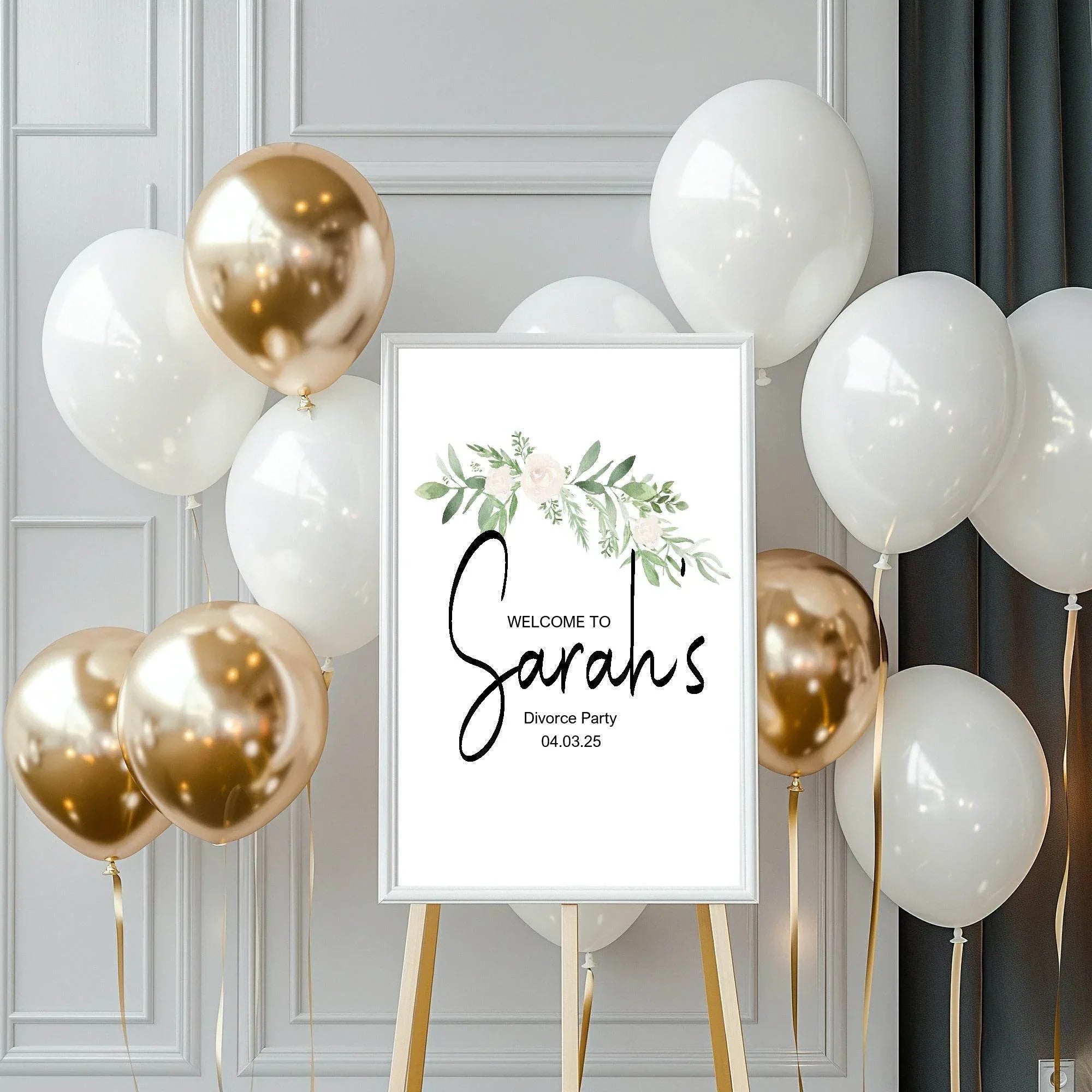 Green & White Rose Welcome Divorce Party Sign - Larosier Prints