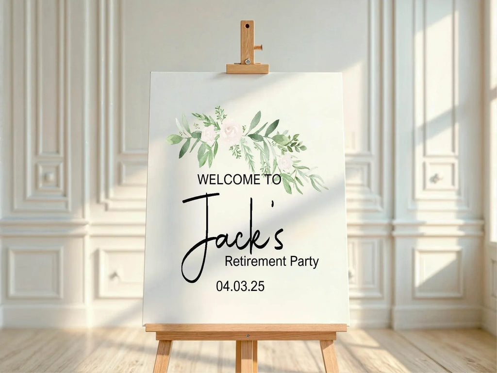 Green & White Rose Welcome Retirement Party Sign - Larosier Prints