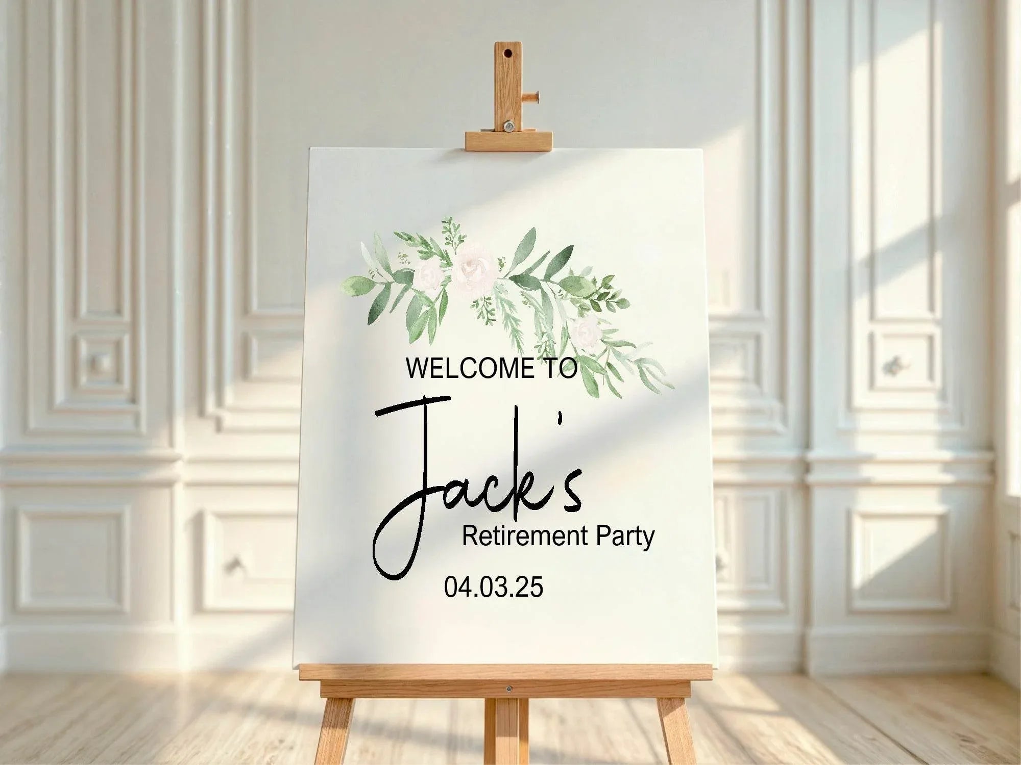 Green & White Rose Welcome Retirement Party Sign - Larosier Prints