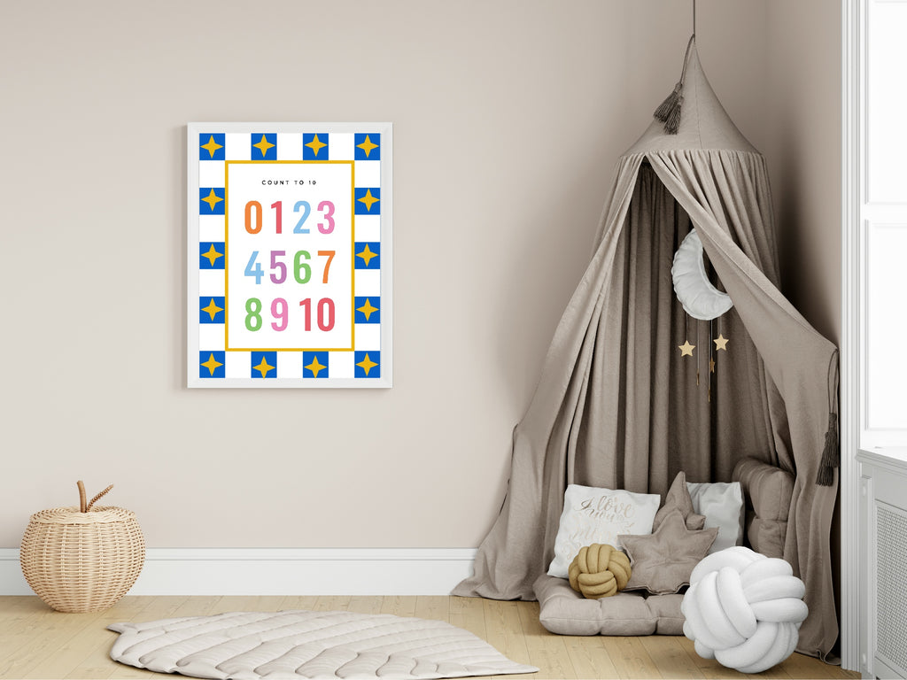 Blue Checked & Stars Count To 10 Poster | Educational Wall Art