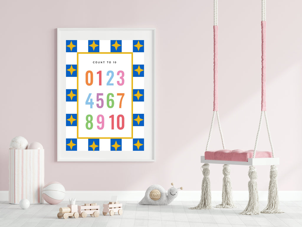 Blue Checked & Stars Count To 10 Poster | Educational Wall Art