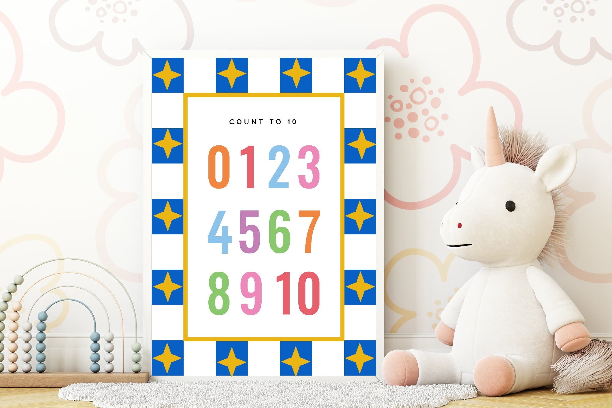 Blue Checked & Stars Count To 10 Poster | Educational Wall Art