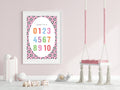 Framed children's poster with numbers and soccer ball pattern on a pink wall with a swing in the background.