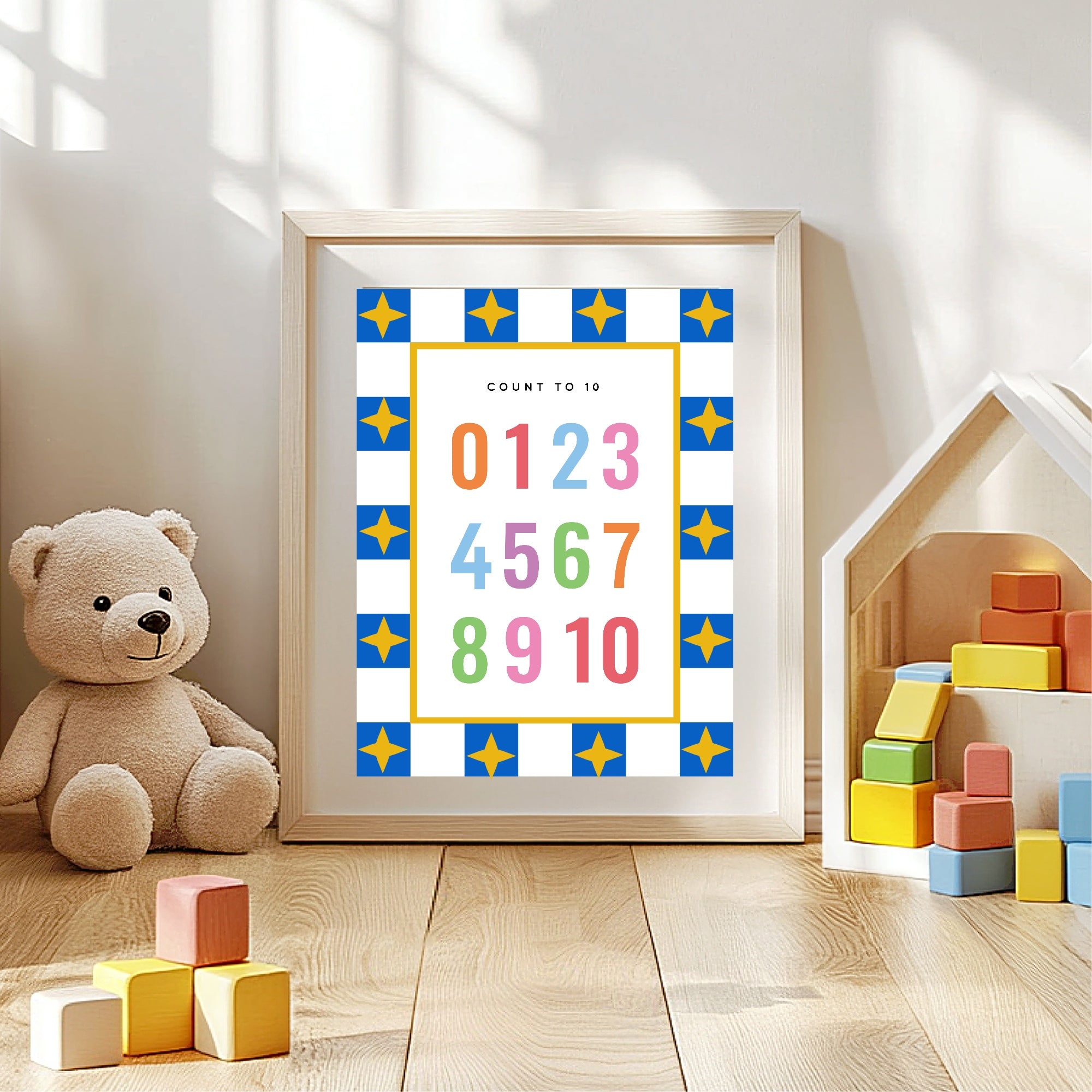 Blue Checked & Stars Count To 10 Poster | Educational Wall Art