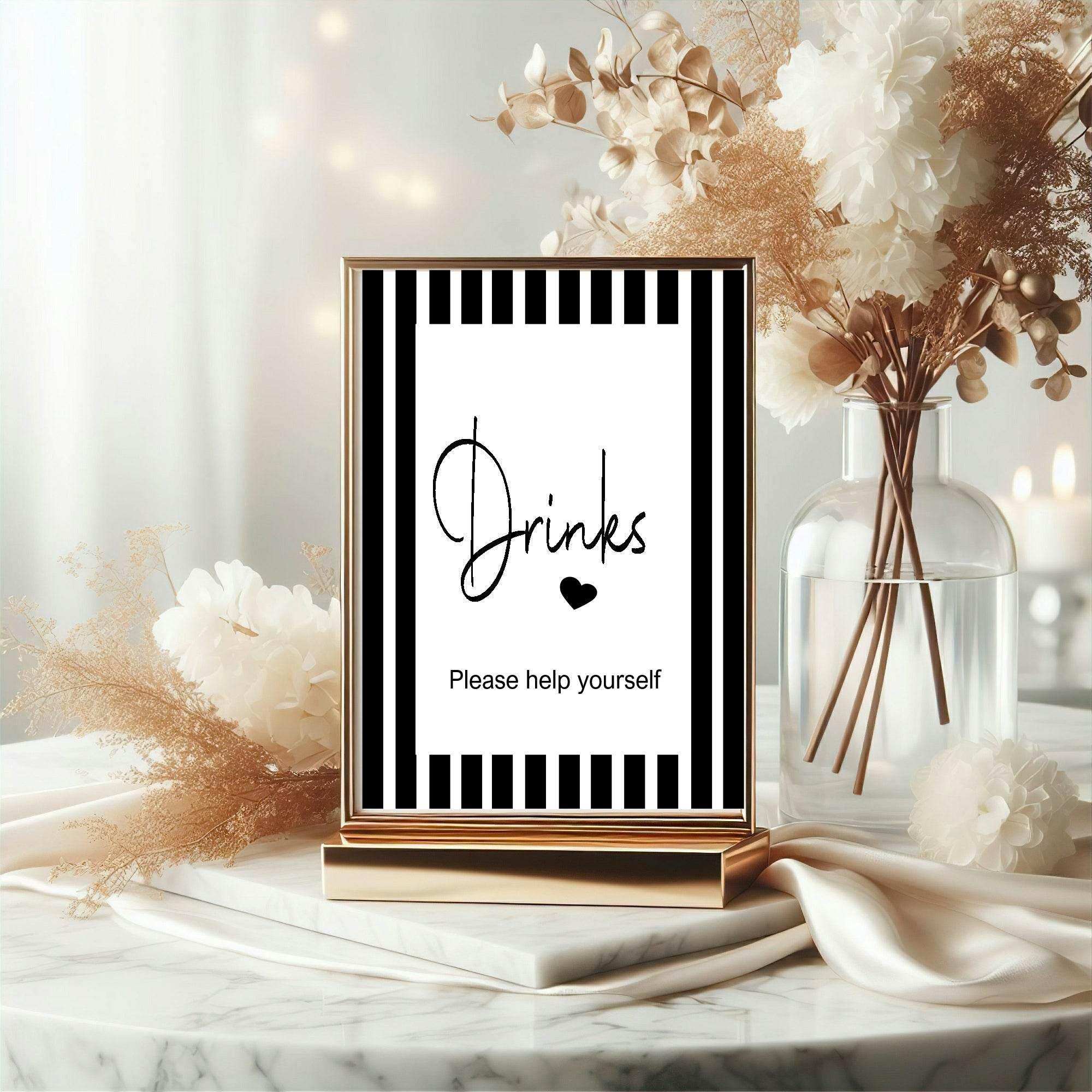 Black and White Stripe Drinks Baby Shower Party Sign - Larosier Prints