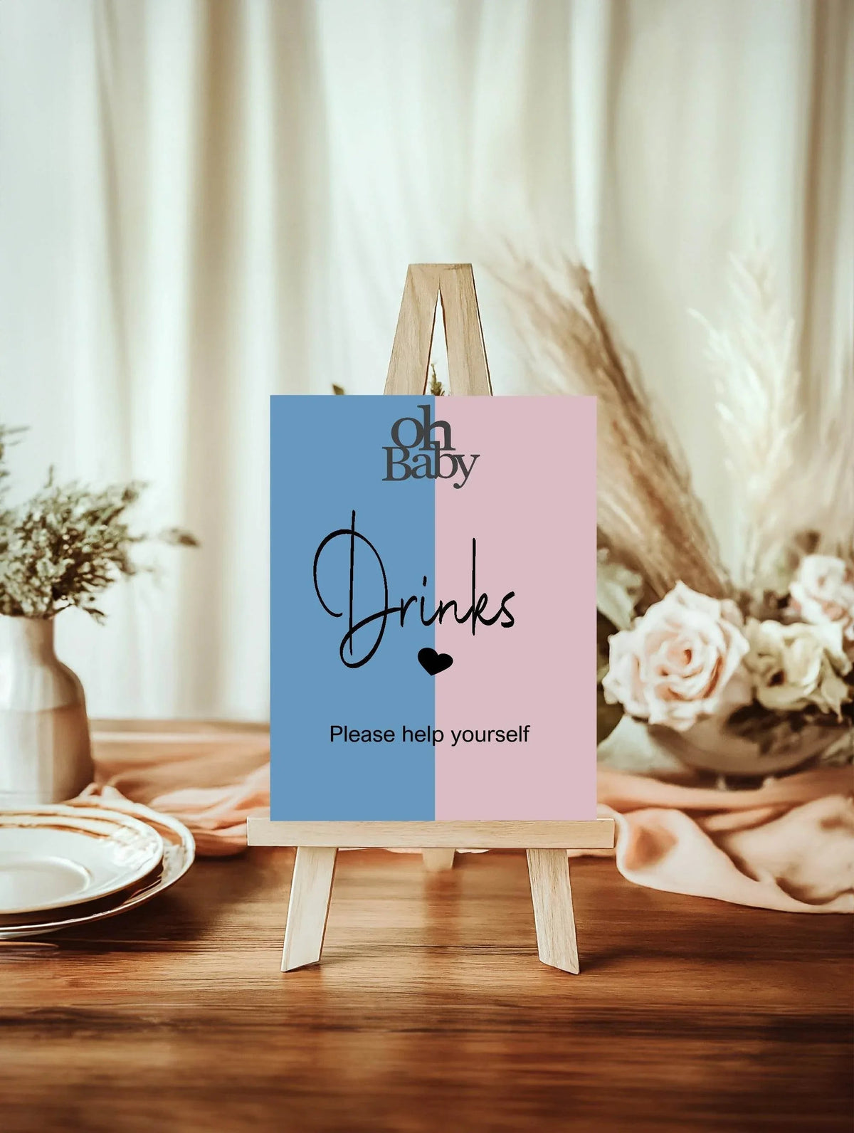 Oh Baby custom baby shower party sign example: Oh Baby Drinks Baby Shower Party Sign | Blue & Pink
