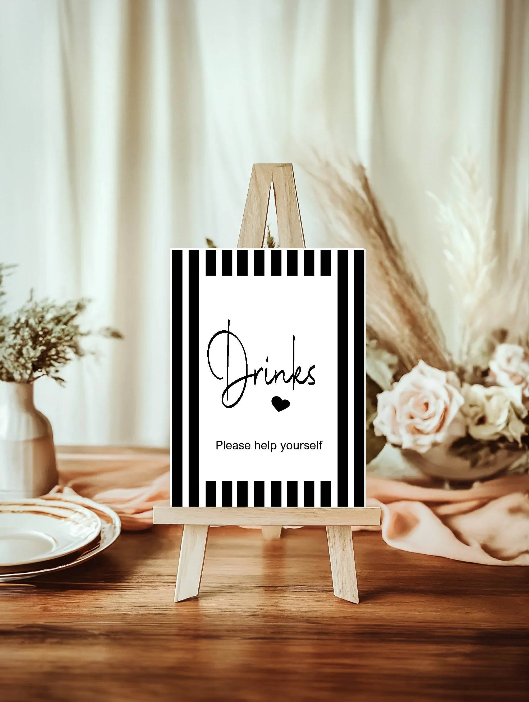Black and White Stripe Drinks Baby Shower Party Sign - Larosier Prints