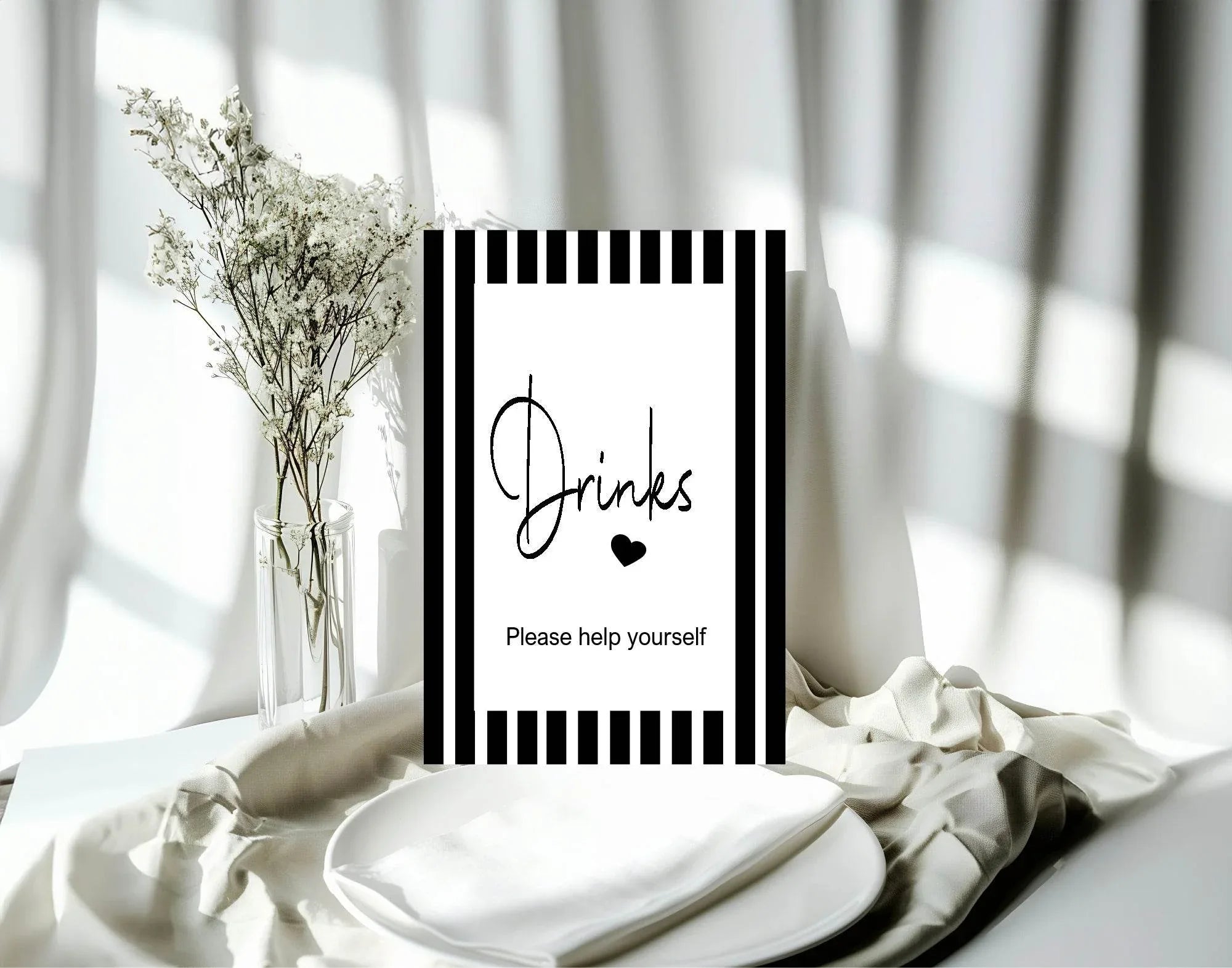 Black and White Stripe Drinks Baby Shower Party Sign - Larosier Prints