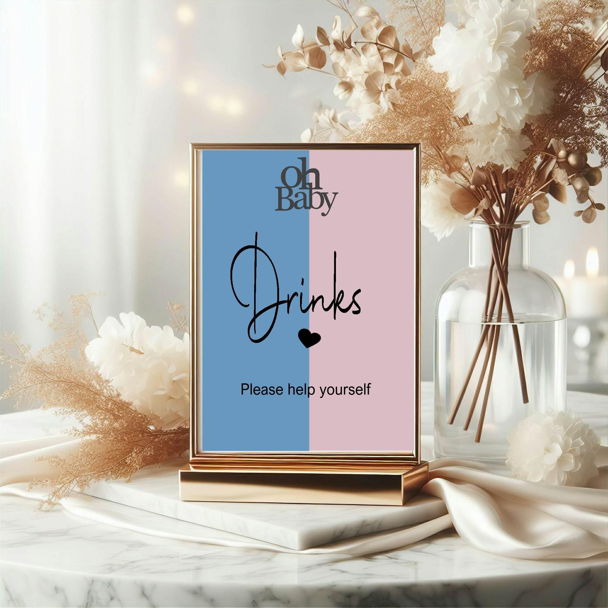 Oh Baby Drinks Baby Shower Party Sign | Blue & Pink - Larosier Prints
