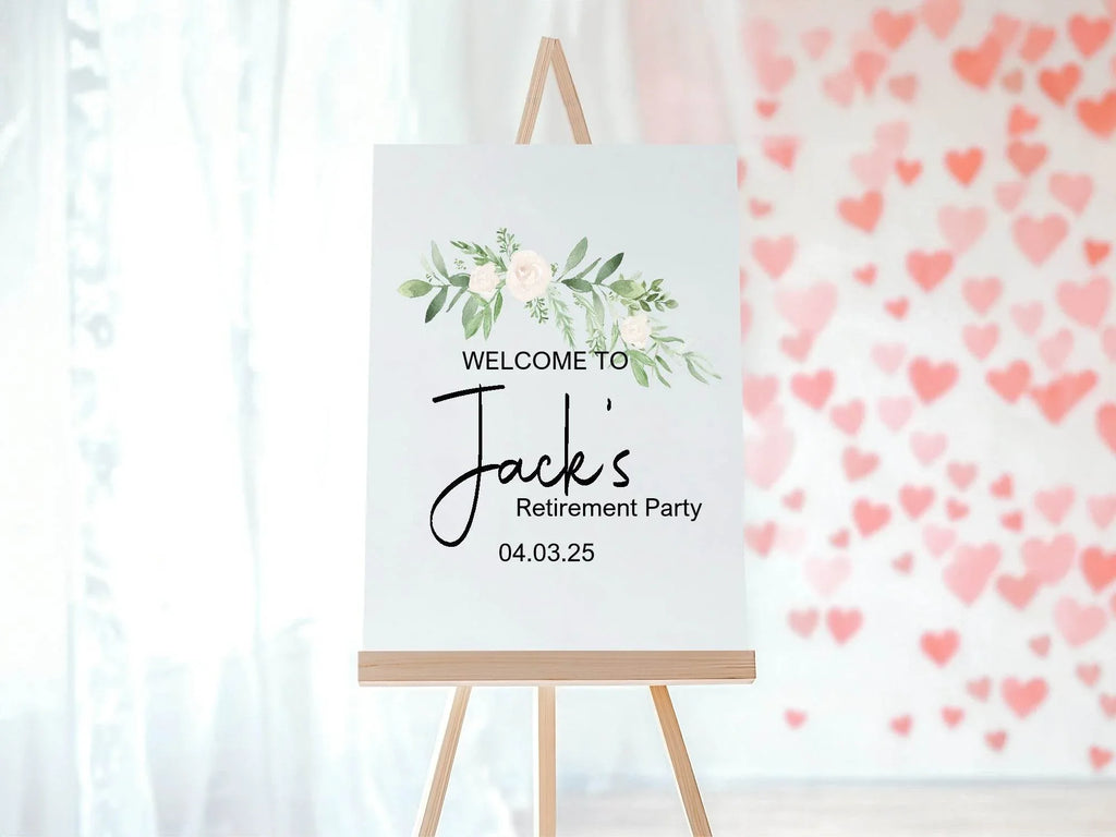Green & White Rose Welcome Retirement Party Sign - Larosier Prints