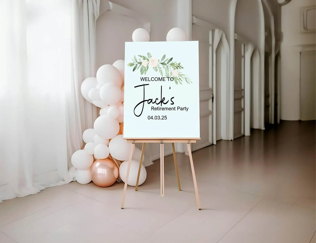 Green & White Rose Welcome Retirement Party Sign - Larosier Prints