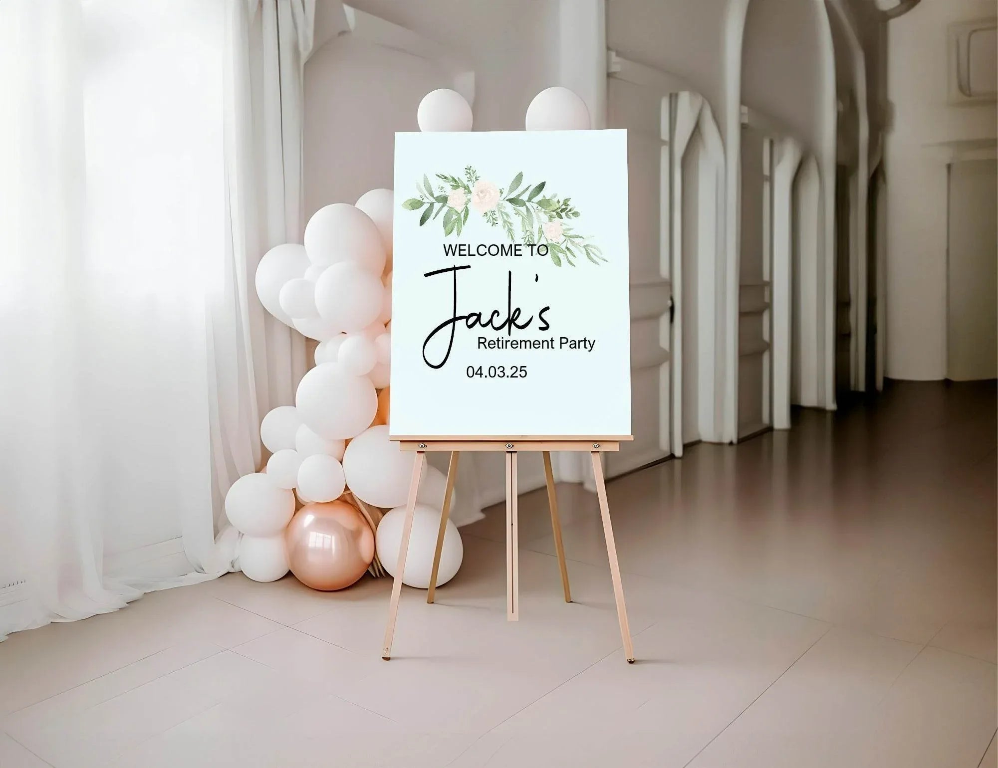 Green & White Rose Welcome Retirement Party Sign - Larosier Prints