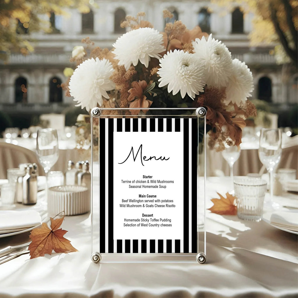 Black & White Stripe Menu Wedding Party Sign - Larosier Prints