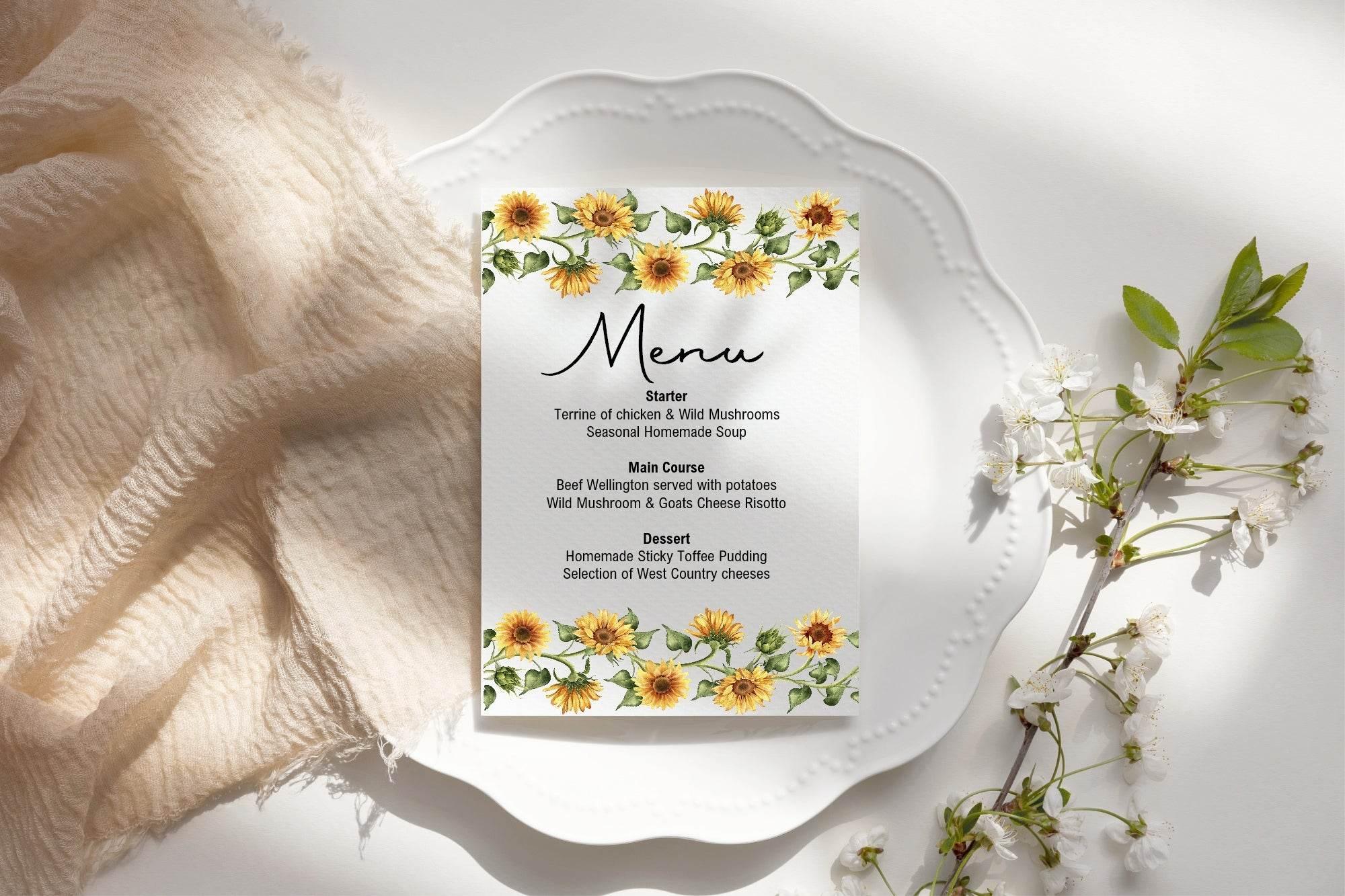 Sunflower A5 Menu Wedding Party Signs | Pack of 10 - Larosier Prints