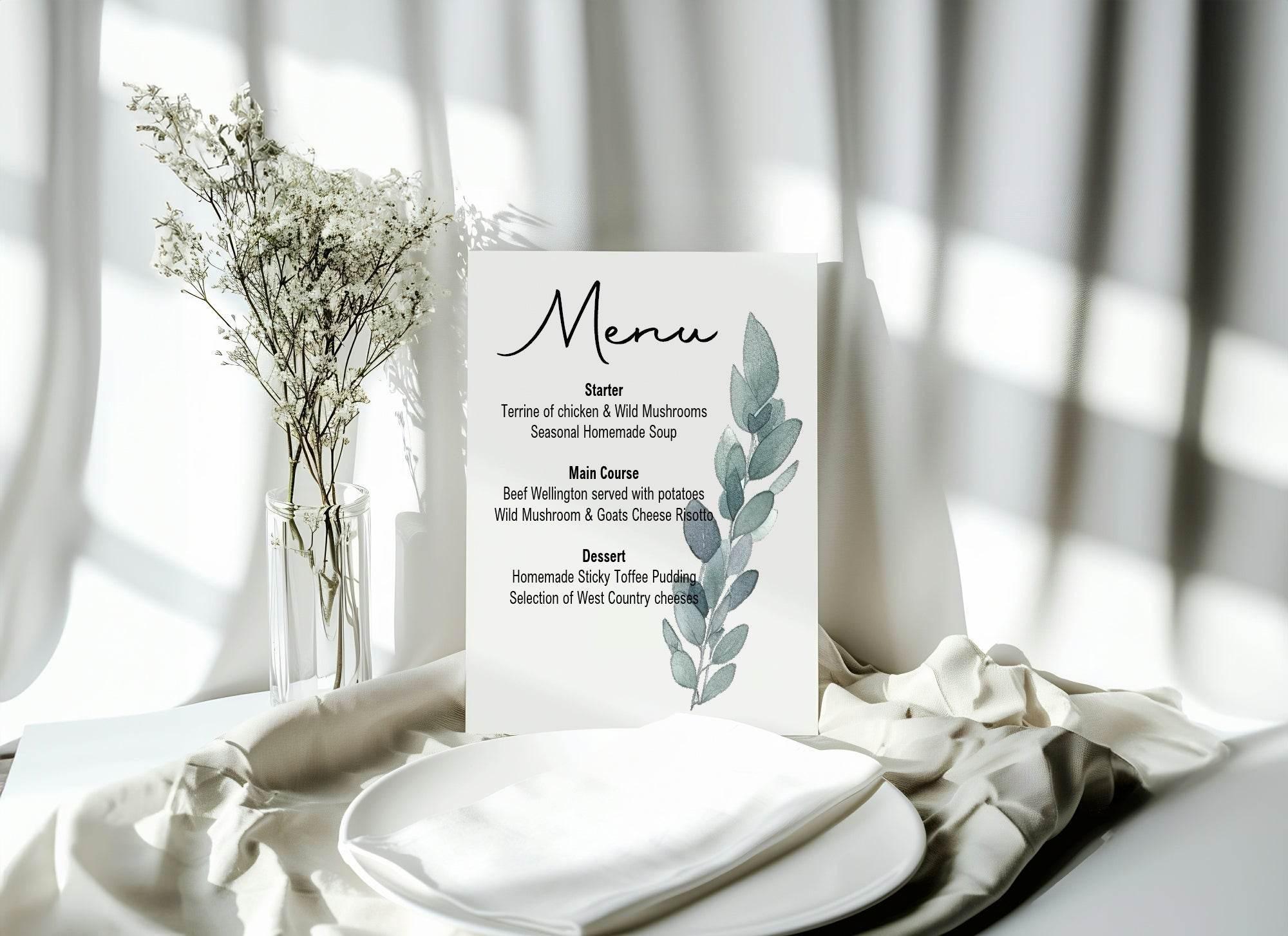 Eucalyptus A5 Menu Wedding Party Signs | Pack of 10 - Larosier Prints