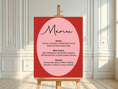 Red & Pink A5 Menu Wedding Party Signs | Pack of 10