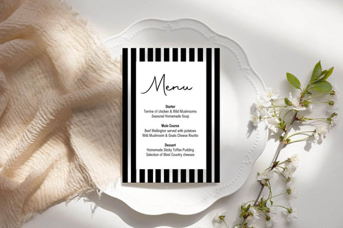 Black & White Stripe A5 Menu Wedding Party Signs | Pack of 10 - Larosier Prints
