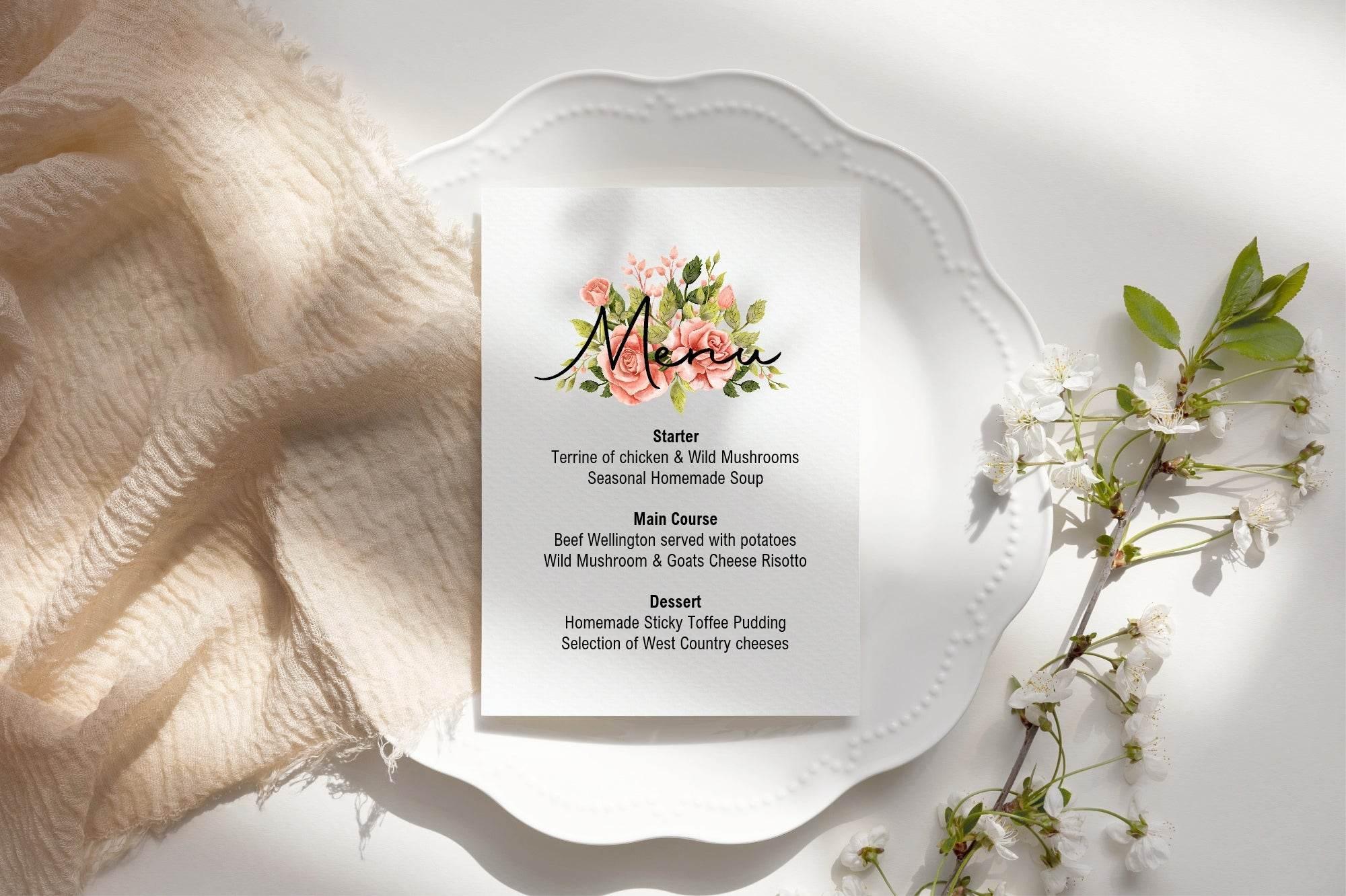 Pink Rose Menu Wedding Party Sign - Larosier Prints