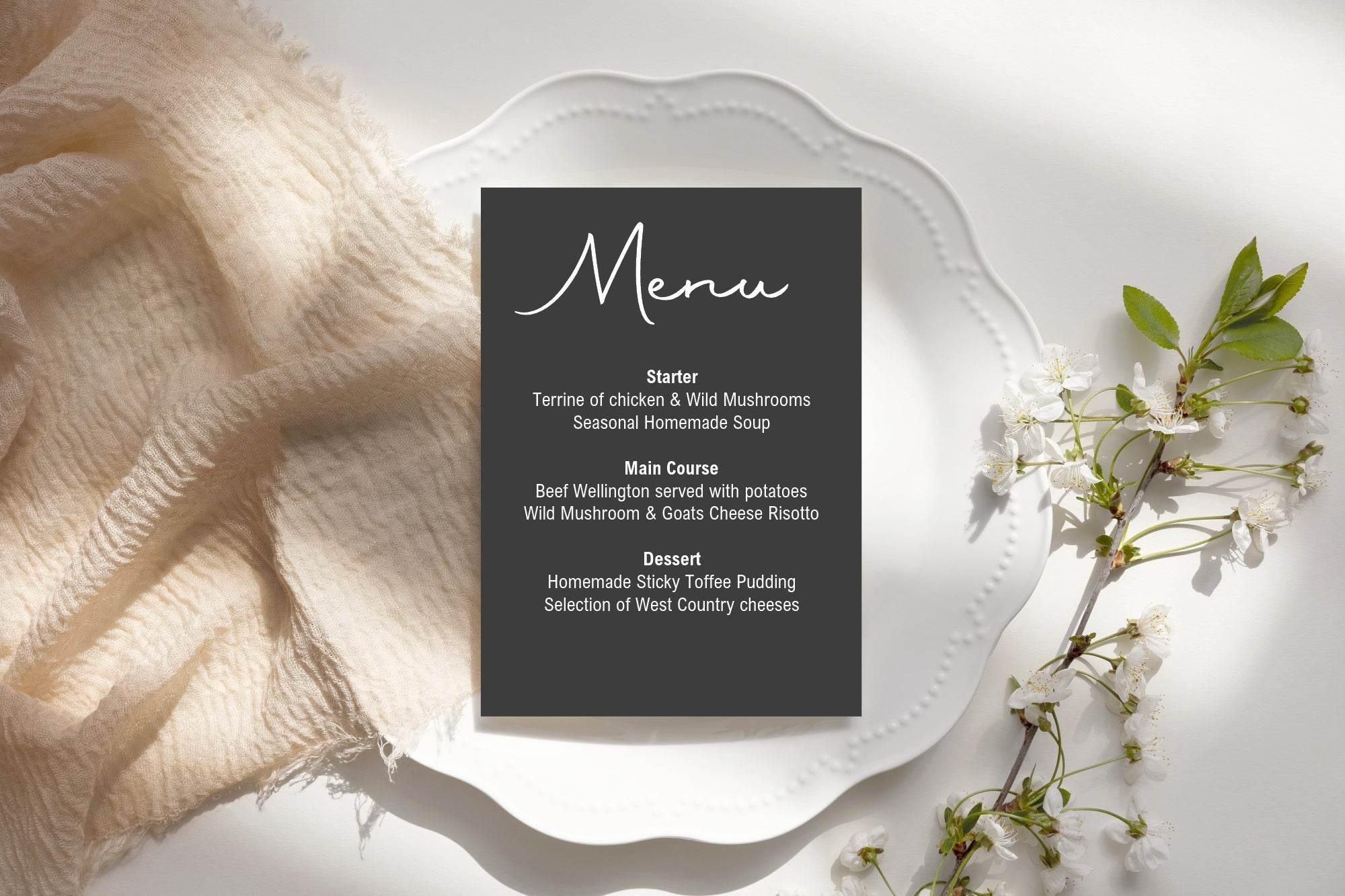 Minimalist Noir A5 Menu Wedding Party Signs | Pack of 10 - Larosier Prints