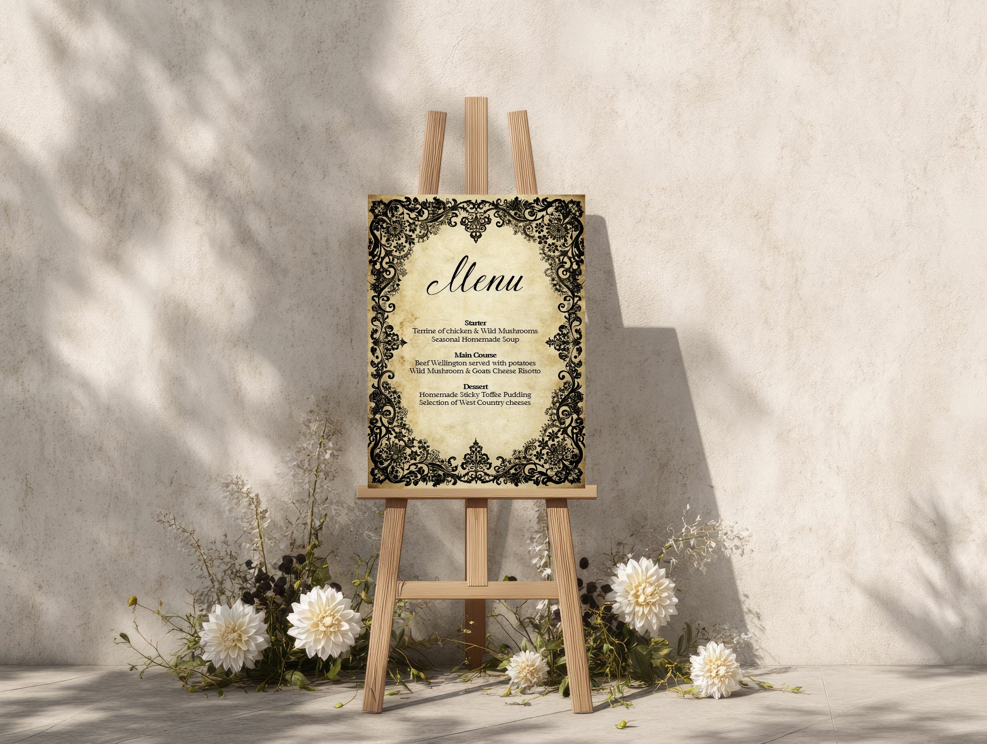 Black Lace Wedding Menu Signs