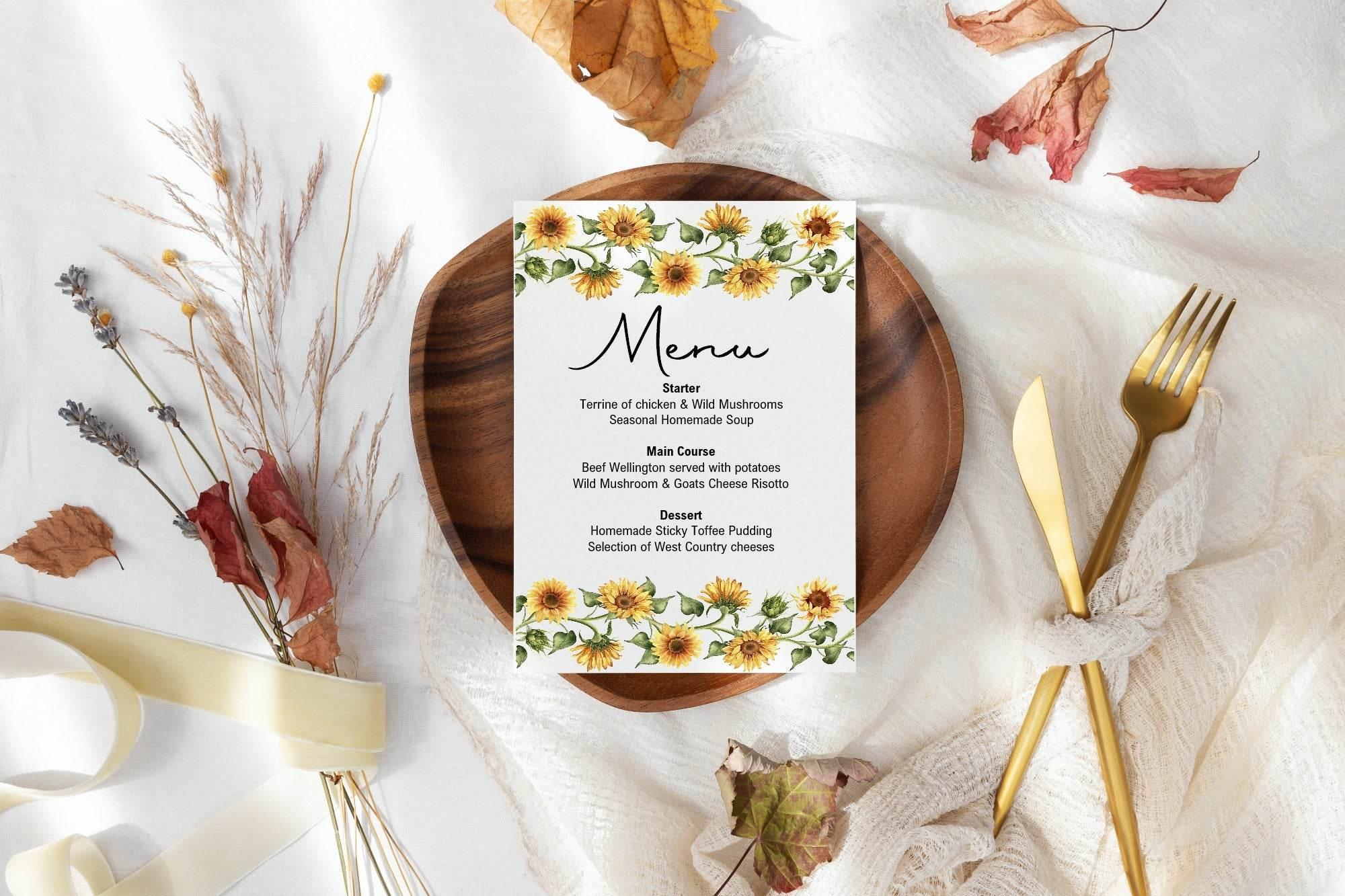 Sunflower A5 Menu Wedding Party Signs | Pack of 10 - Larosier Prints