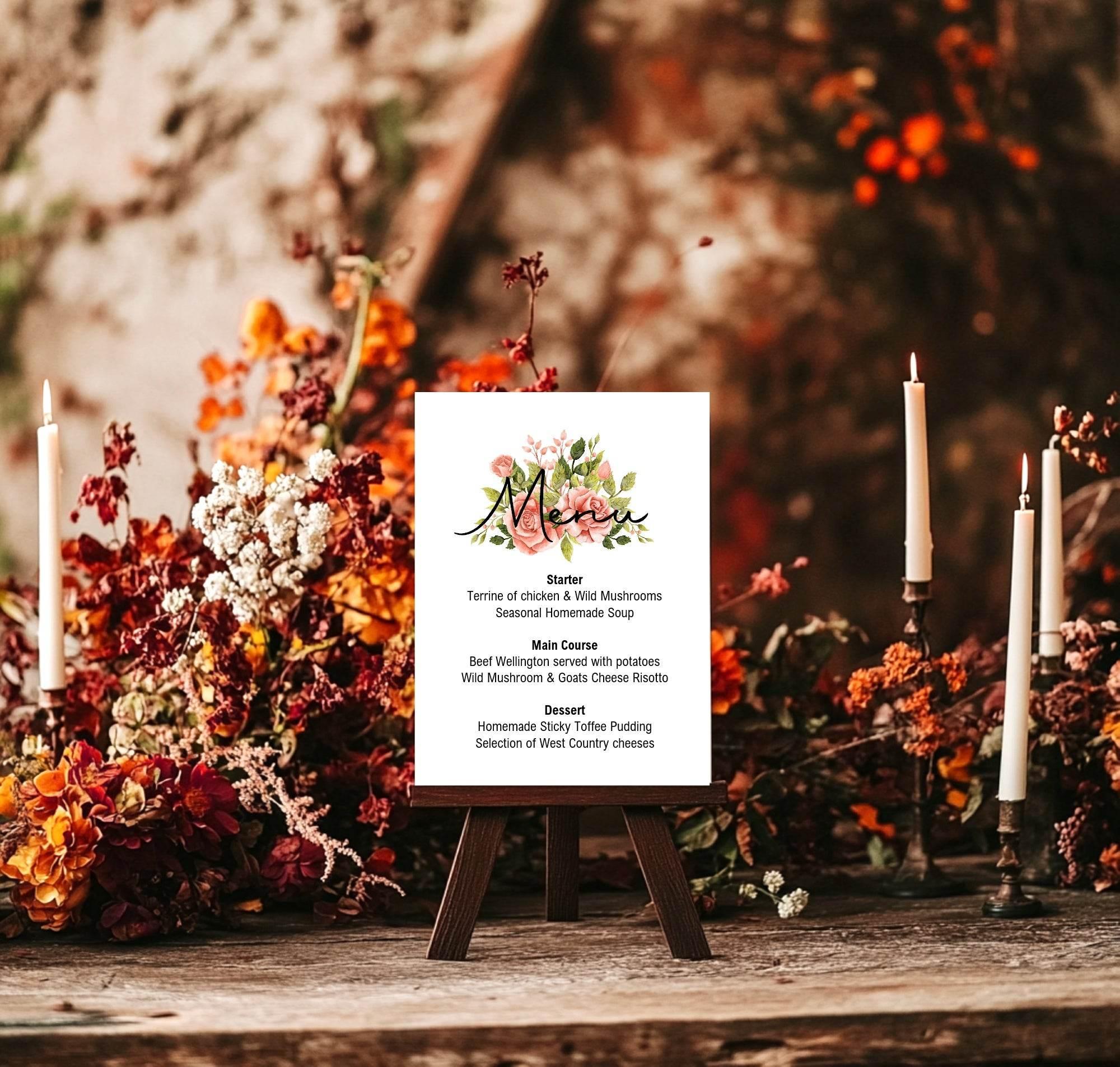 Pink Rose Menu Wedding Party Sign - Larosier Prints