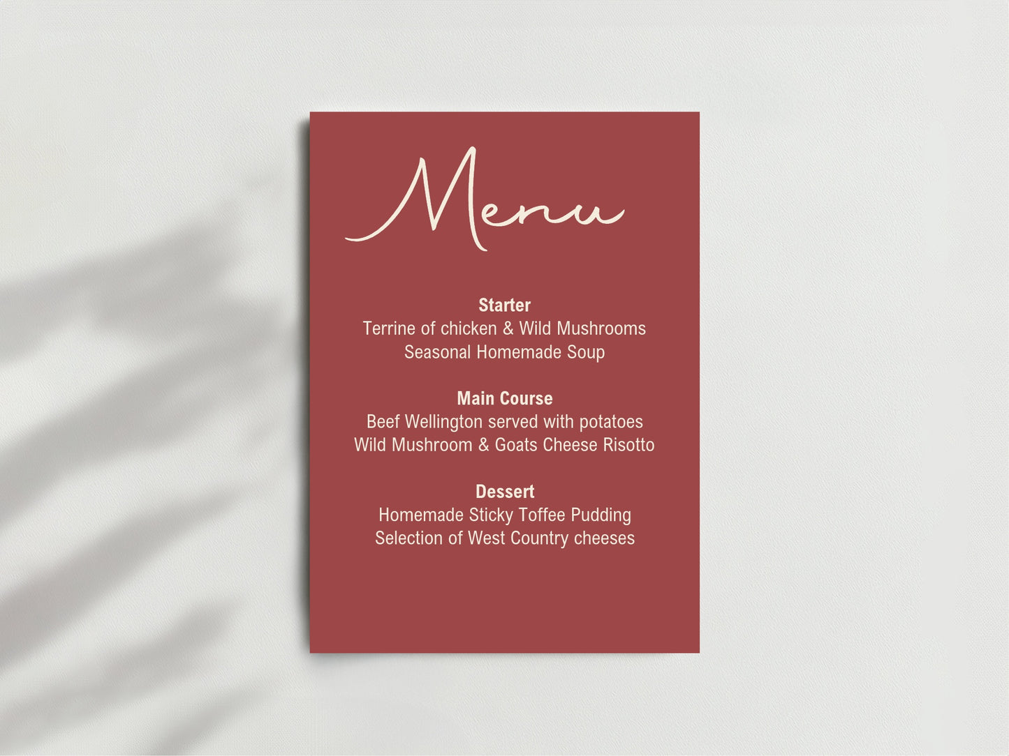 Rosewood A5 Menu Wedding Party Signs |  Pack of 10