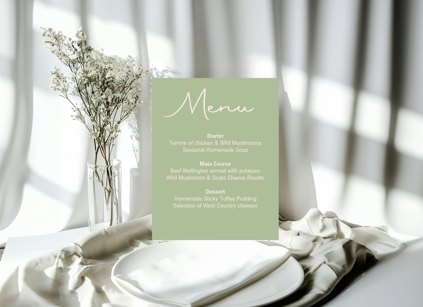 Willow A5 Menu Wedding Party Signs |  Pack of 10
