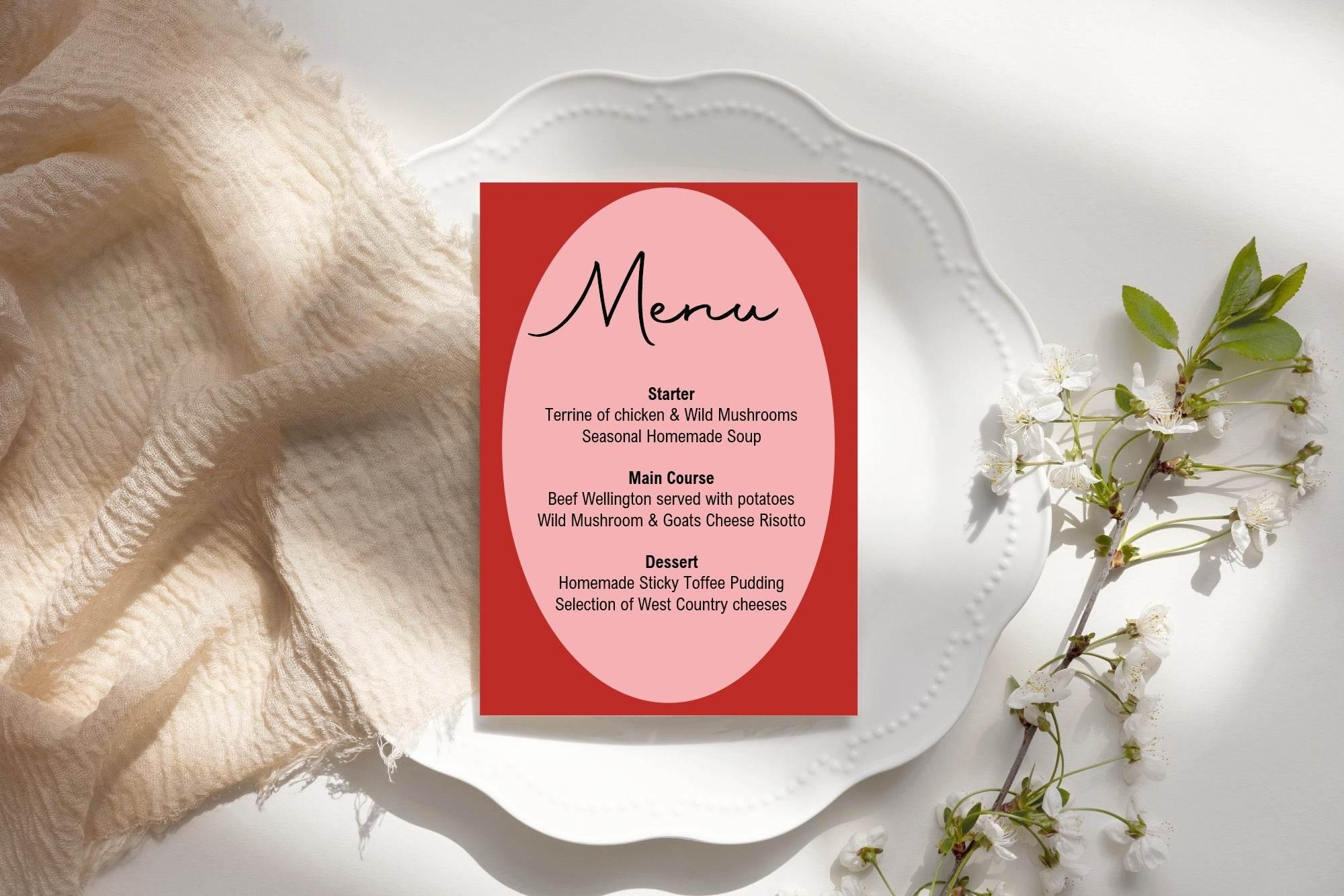 Red & Pink A5 Menu Wedding Party Signs | Pack of 10 - Larosier Prints
