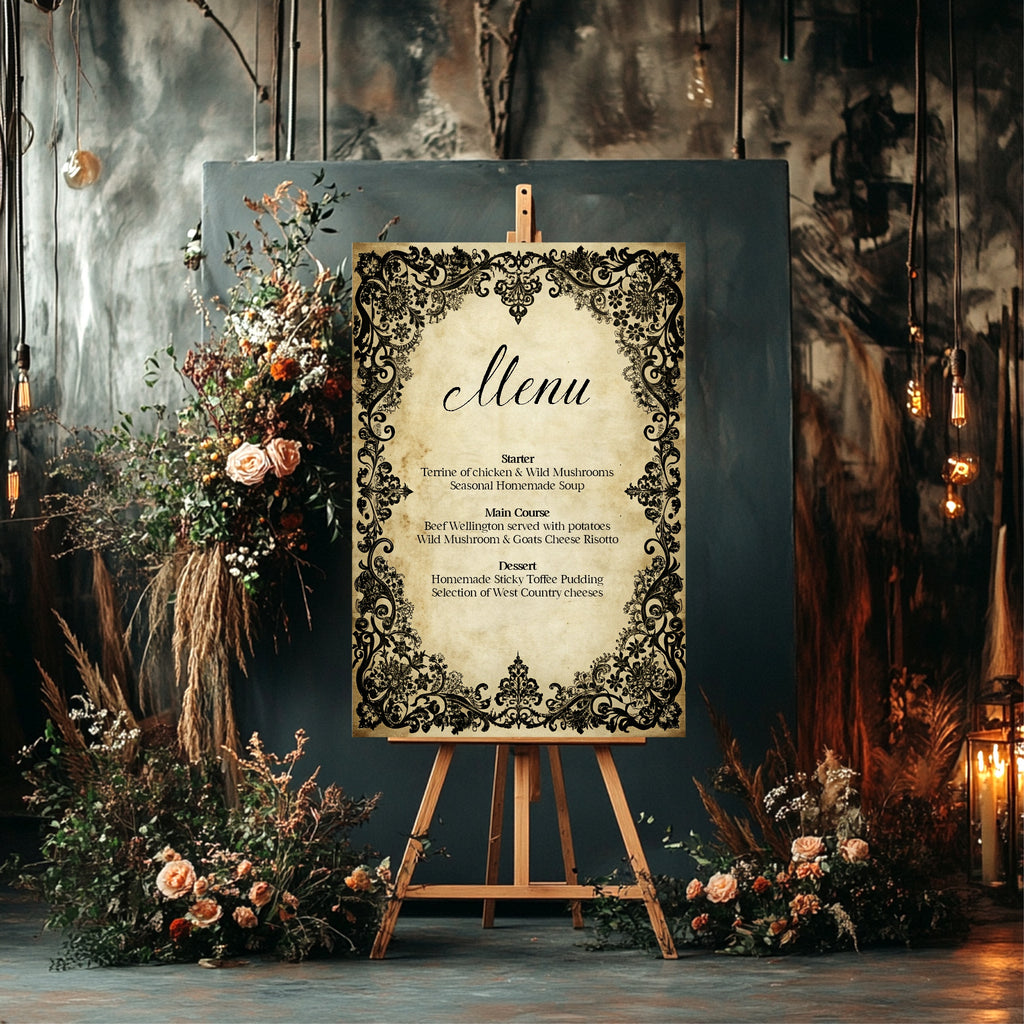 Black Lace Wedding Menu Signs