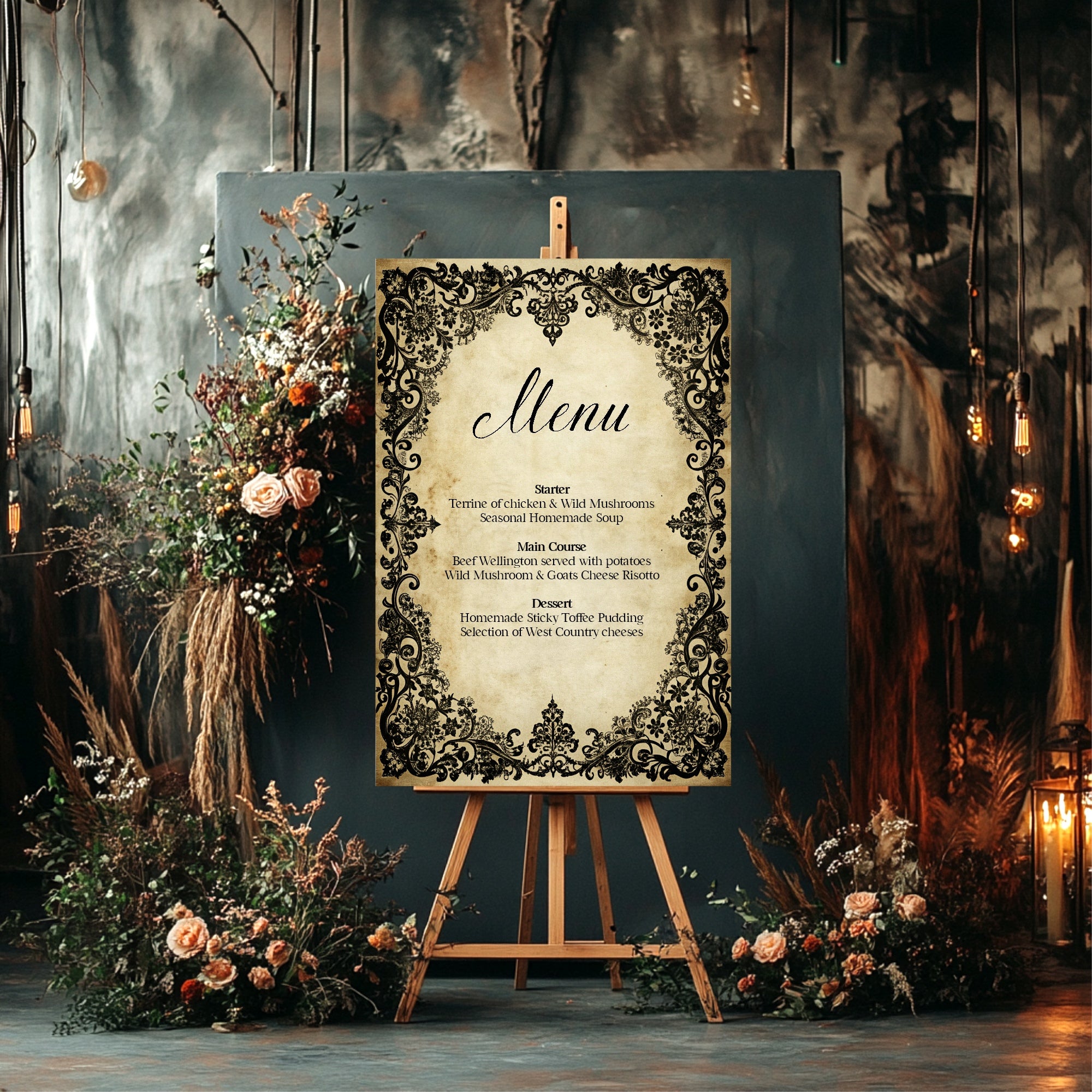 Black Lace Wedding Menu Signs