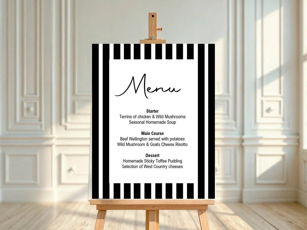 Black & White Stripe A5 Menu Wedding Party Signs | Pack of 10 - Larosier Prints
