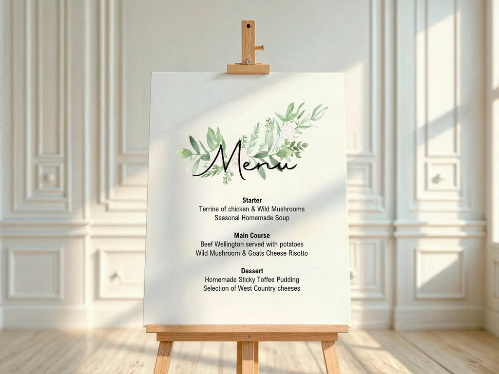 Green & White Rose Menu Wedding Party Sign - Larosier Prints