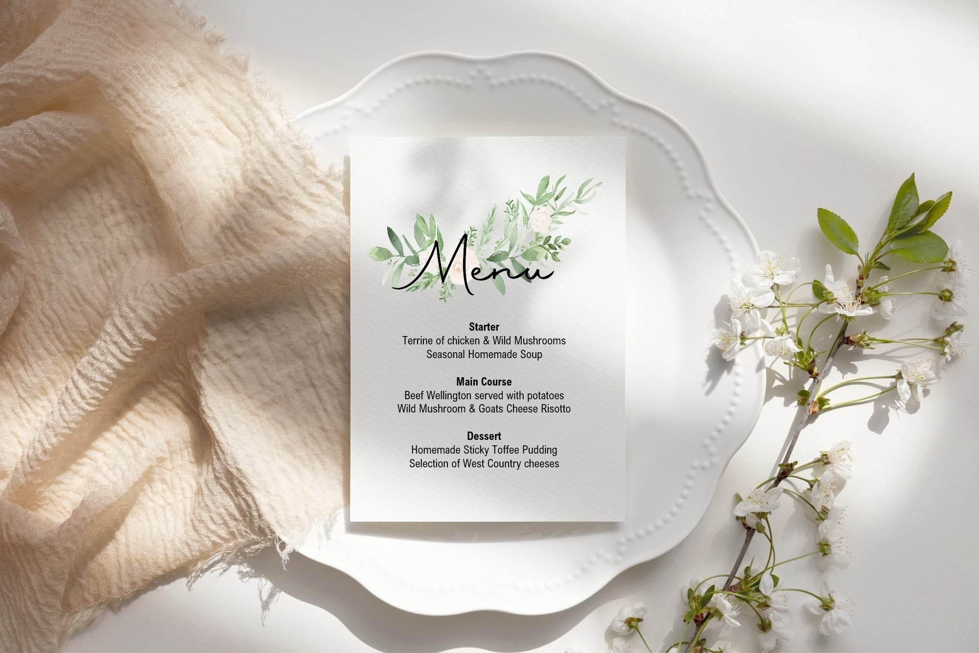Green & White Rose Menu Wedding Party Sign - Larosier Prints