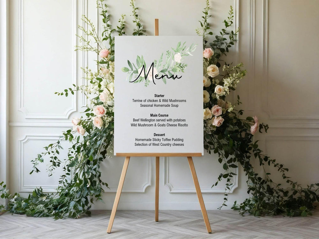 Green & White Rose Menu Wedding Party Sign - Larosier Prints